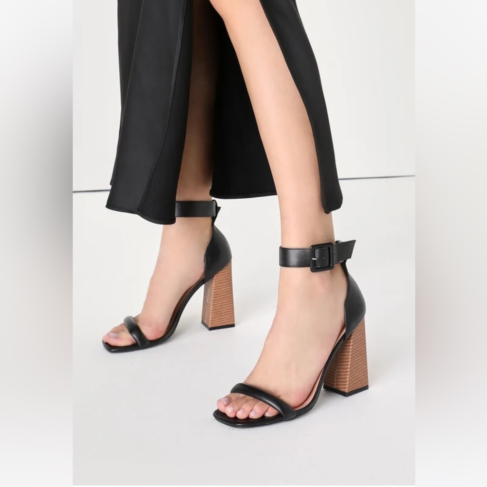 Lulu’s Kevan Black Square Toe Ankle Strap Heels